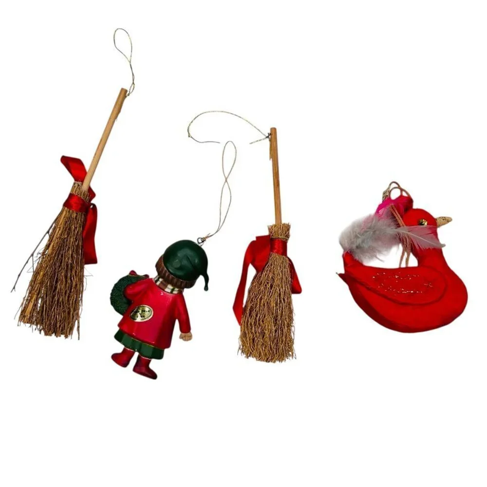 Vintage Christmas Ornaments Straw Broom Nostalgia Collectible Retro Cottage